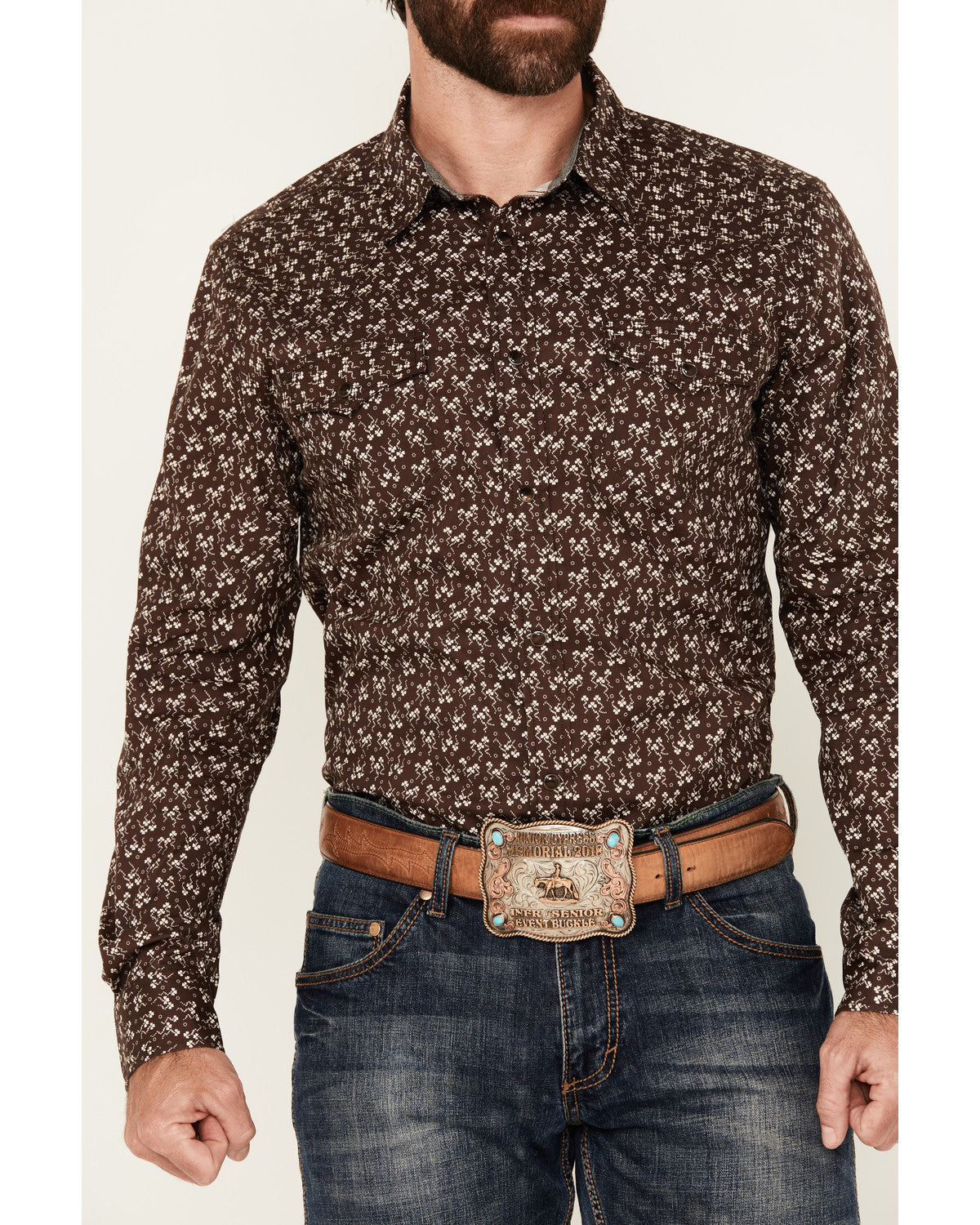 Men's Garrison Floral Print Long Sleeve Snap Western Shirt Brown