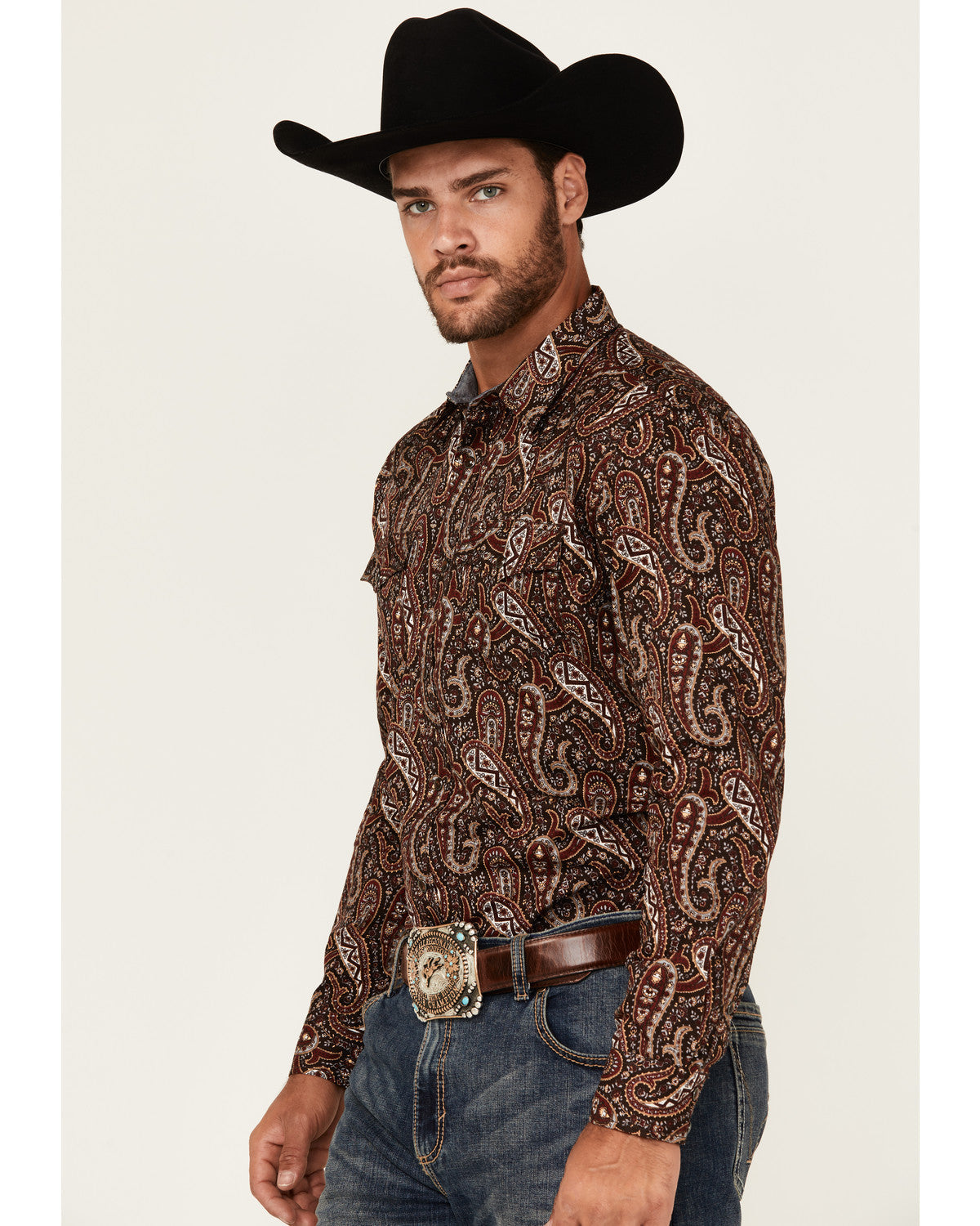 Men's Leo Paisley Print Long Sleeve Snap Western Shirt Brown
