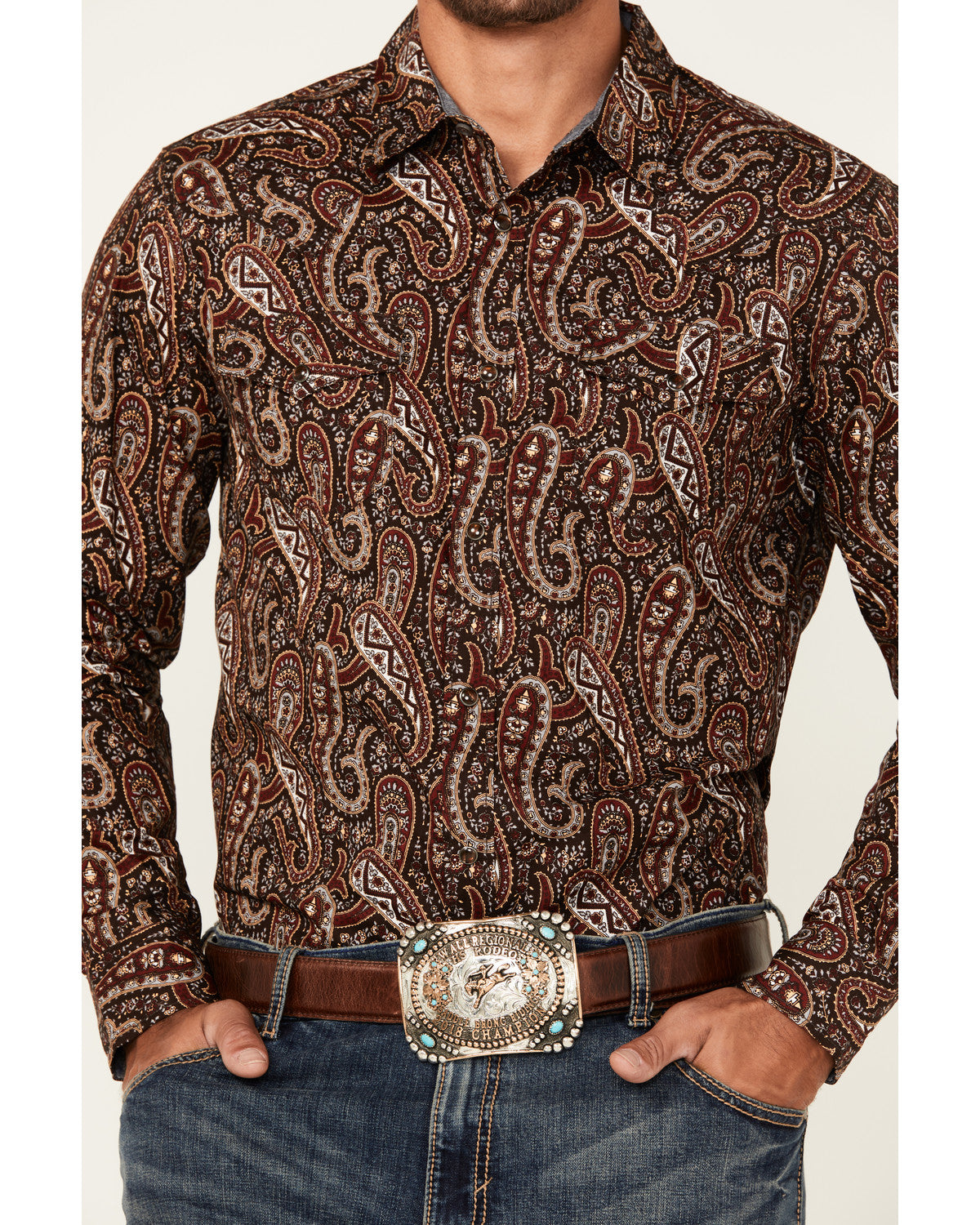 Men's Leo Paisley Print Long Sleeve Snap Western Shirt Brown