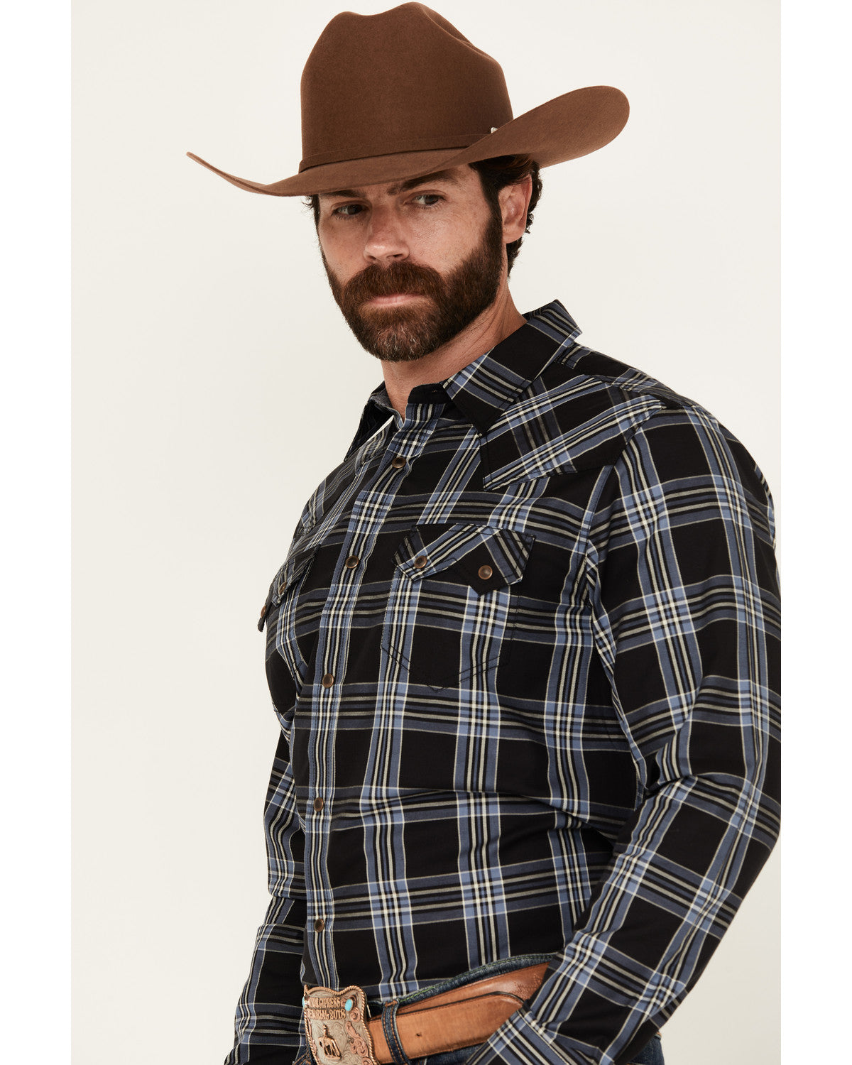 Men's Irving Plaid Print Long Sleeve Snap Western Shirt - B Navy