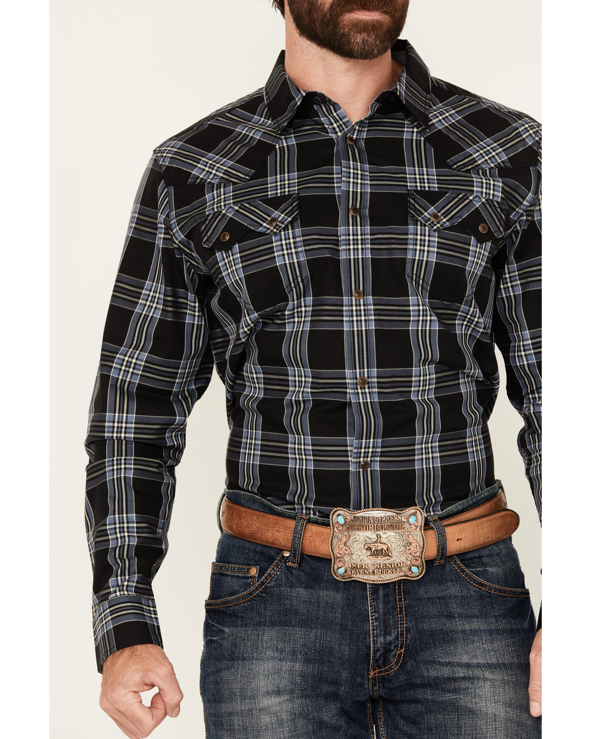 Men's Irving Plaid Print Long Sleeve Snap Western Shirt - B Navy