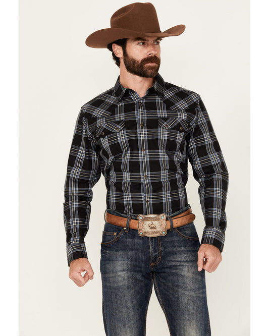 Men's Irving Plaid Print Long Sleeve Snap Western Shirt Navy