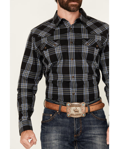 Men's Irving Plaid Print Long Sleeve Snap Western Shirt Navy