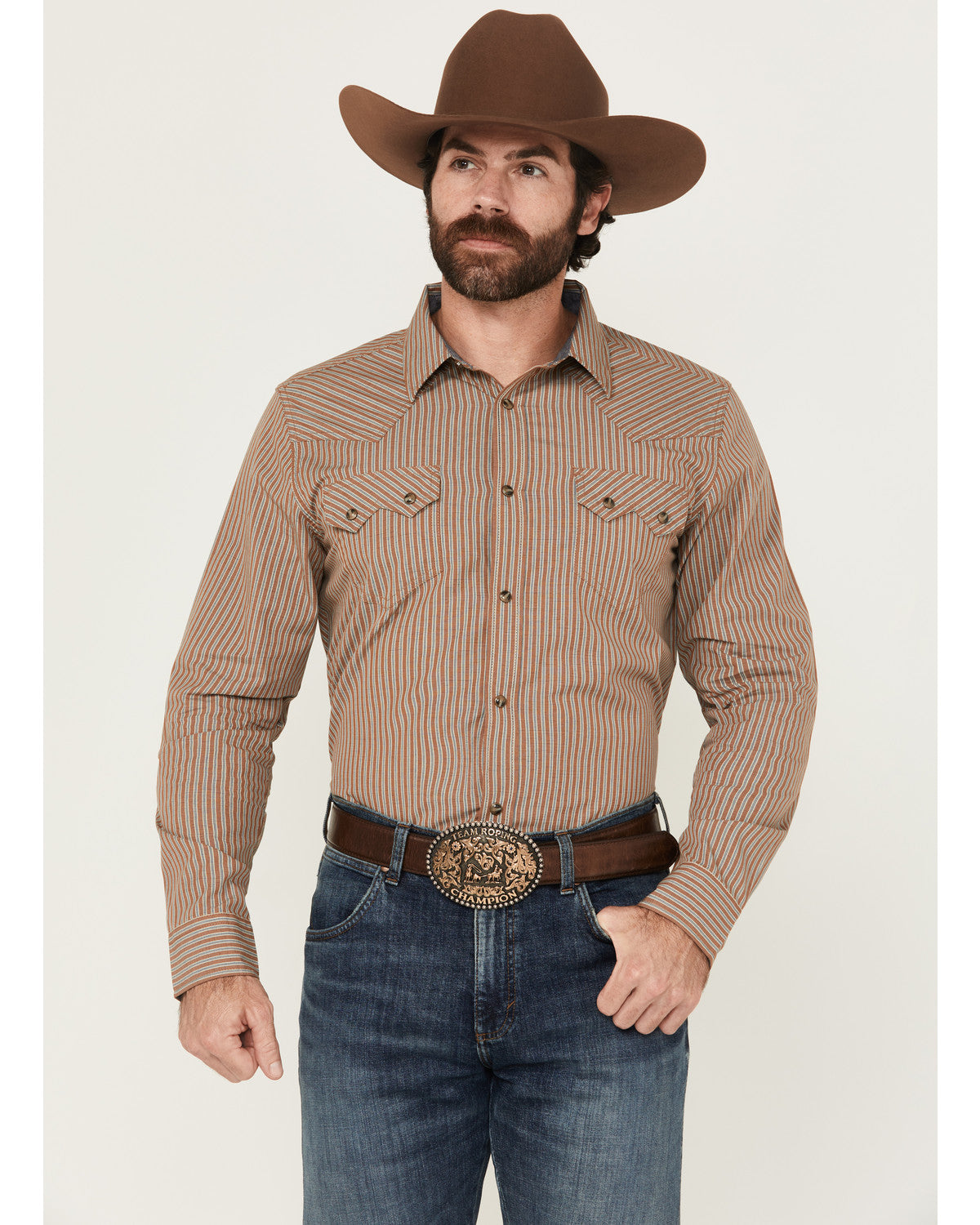 Men's Tanner Vertical Striped Print Long Sleeve Snap Wester Tan