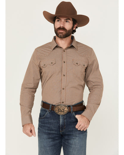 Men's Tanner Vertical Striped Print Long Sleeve Snap Wester Tan
