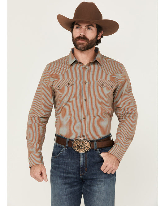 Men's Tanner Vertical Striped Print Long Sleeve Snap Wester Tan