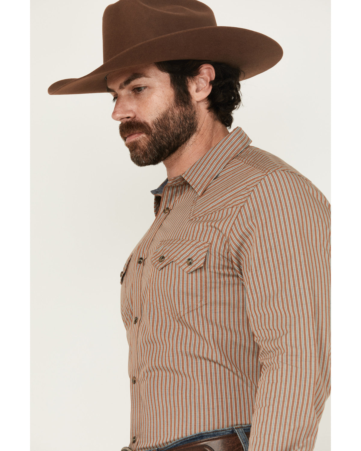 Men's Tanner Vertical Striped Print Long Sleeve Snap Wester Tan