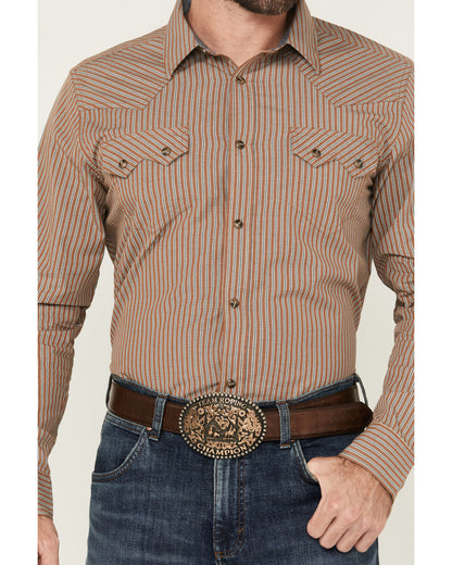 Men's Tanner Vertical Striped Print Long Sleeve Snap Wester Tan