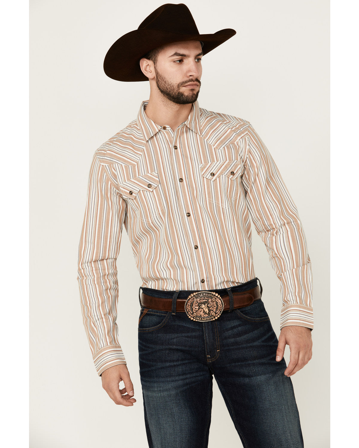 Men's Tough Guy Dobby Striped Print Long Sleeve Snap Wester Cream