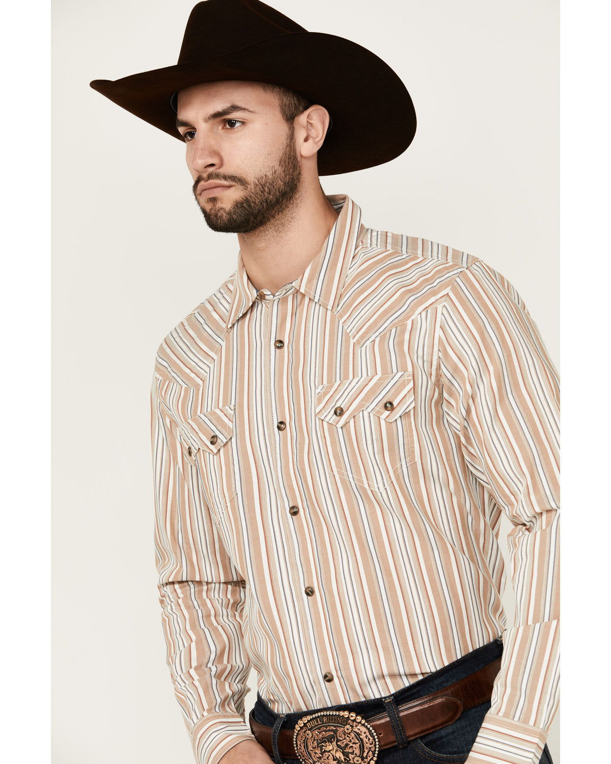 Men's Tough Guy Dobby Striped Print Long Sleeve Snap Wester Cream