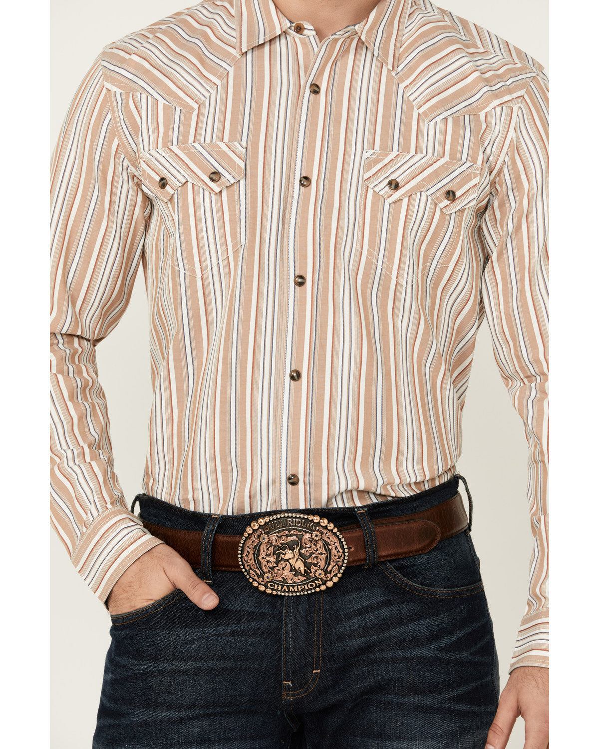 Men's Tough Guy Dobby Striped Print Long Sleeve Snap Wester Cream