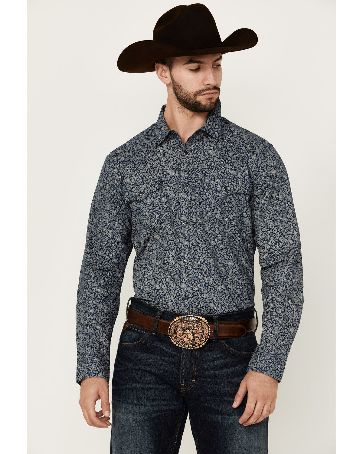 Men's Grande Floral Print Long Sleeve Pearl Snap Western Sh Navy