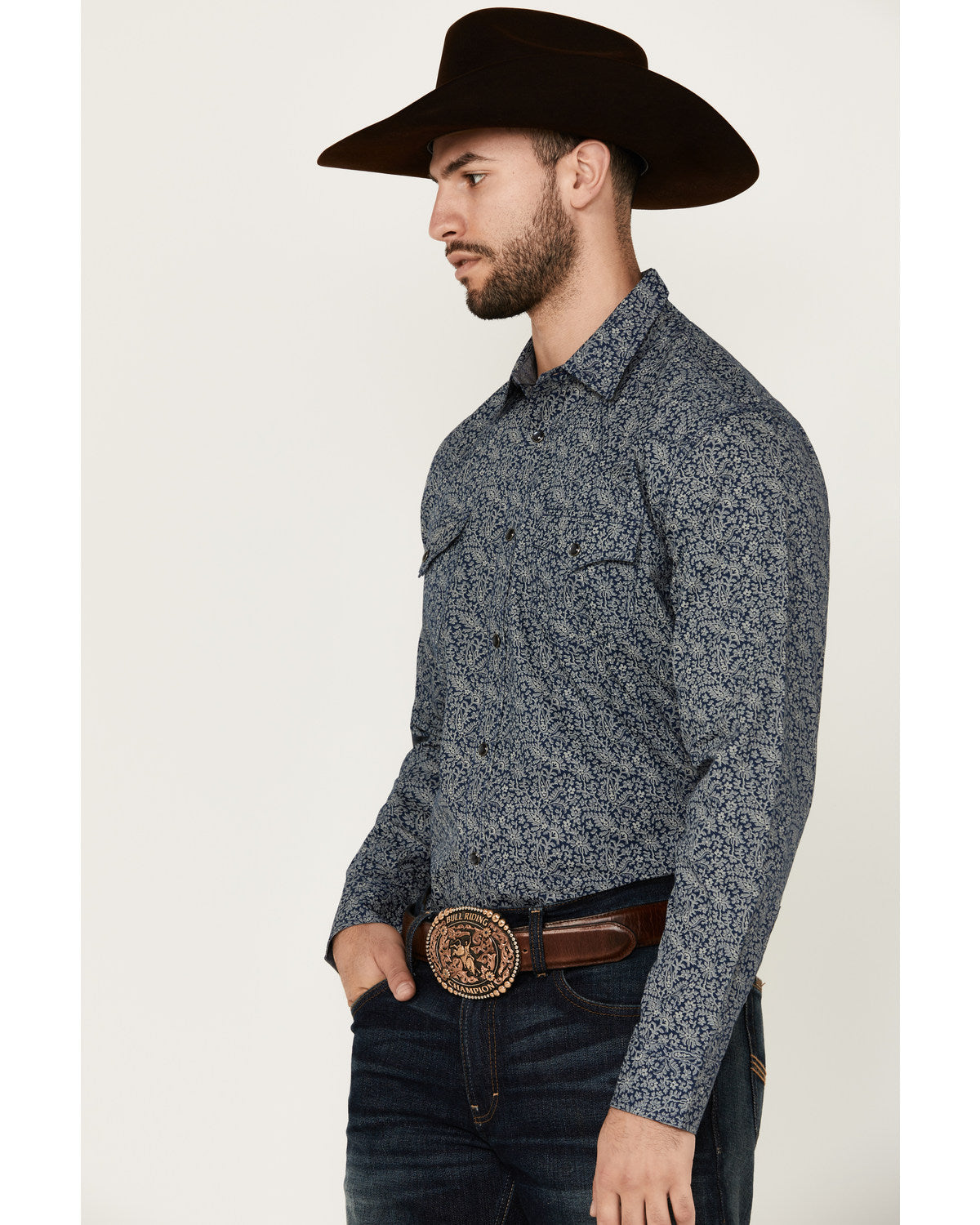 Men's Grande Floral Print Long Sleeve Pearl Snap Western Sh Navy