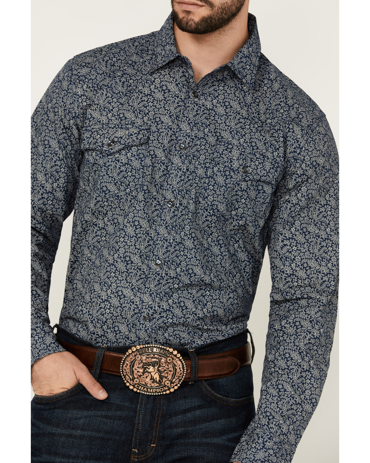 Men's Grande Floral Print Long Sleeve Pearl Snap Western Sh Navy