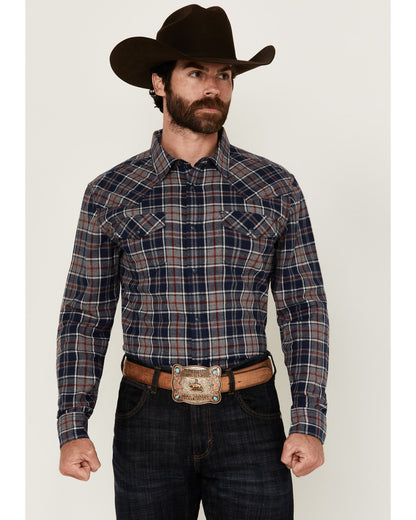 Men's Poker Plaid Print Long Sleeve Snap Western Shirt Navy