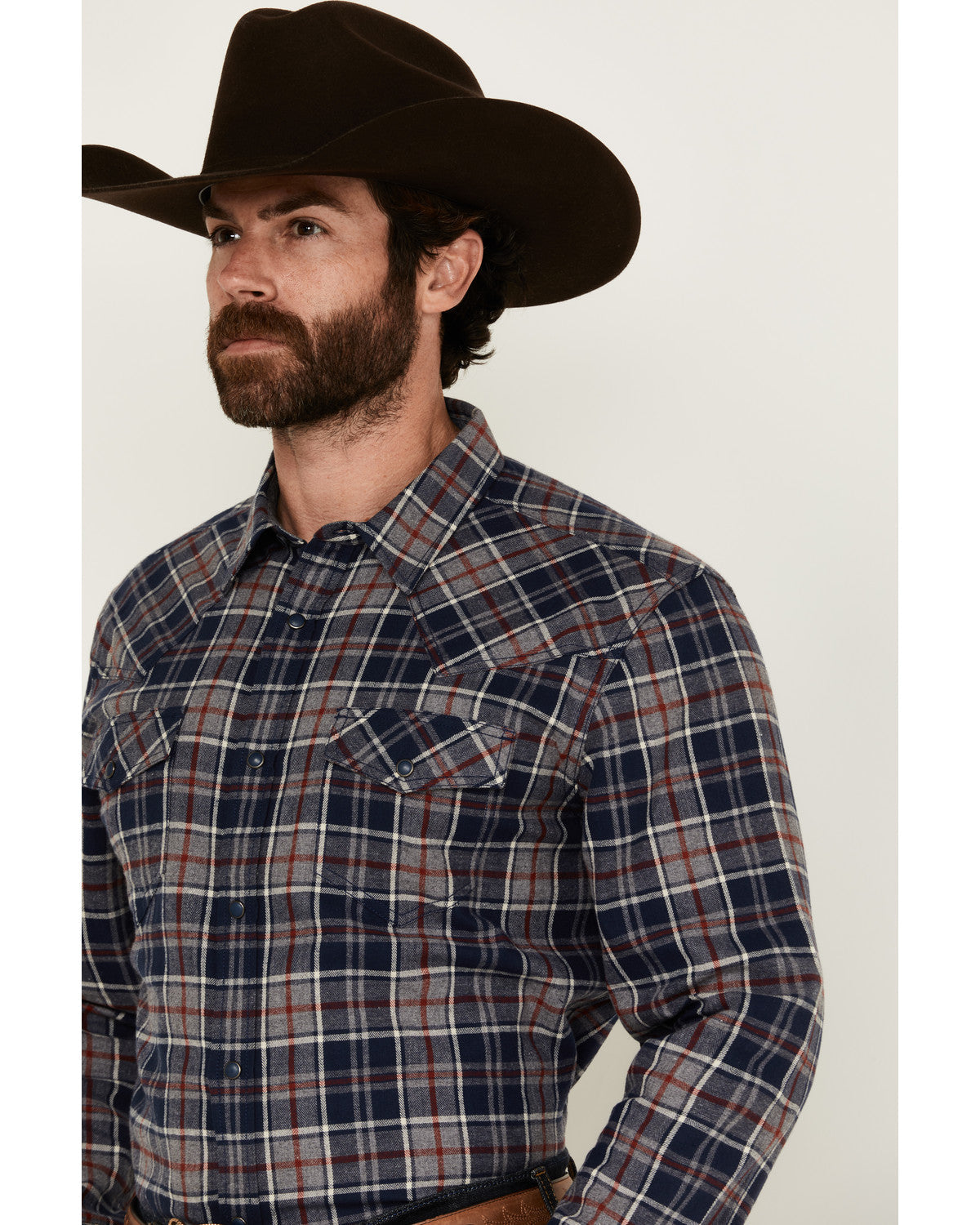 Men's Poker Plaid Print Long Sleeve Snap Western Shirt Navy