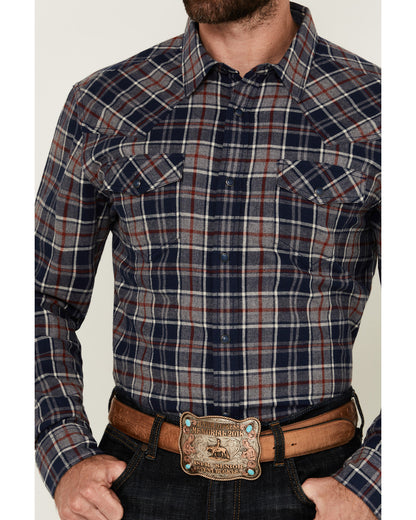 Men's Poker Plaid Print Long Sleeve Snap Western Shirt Navy