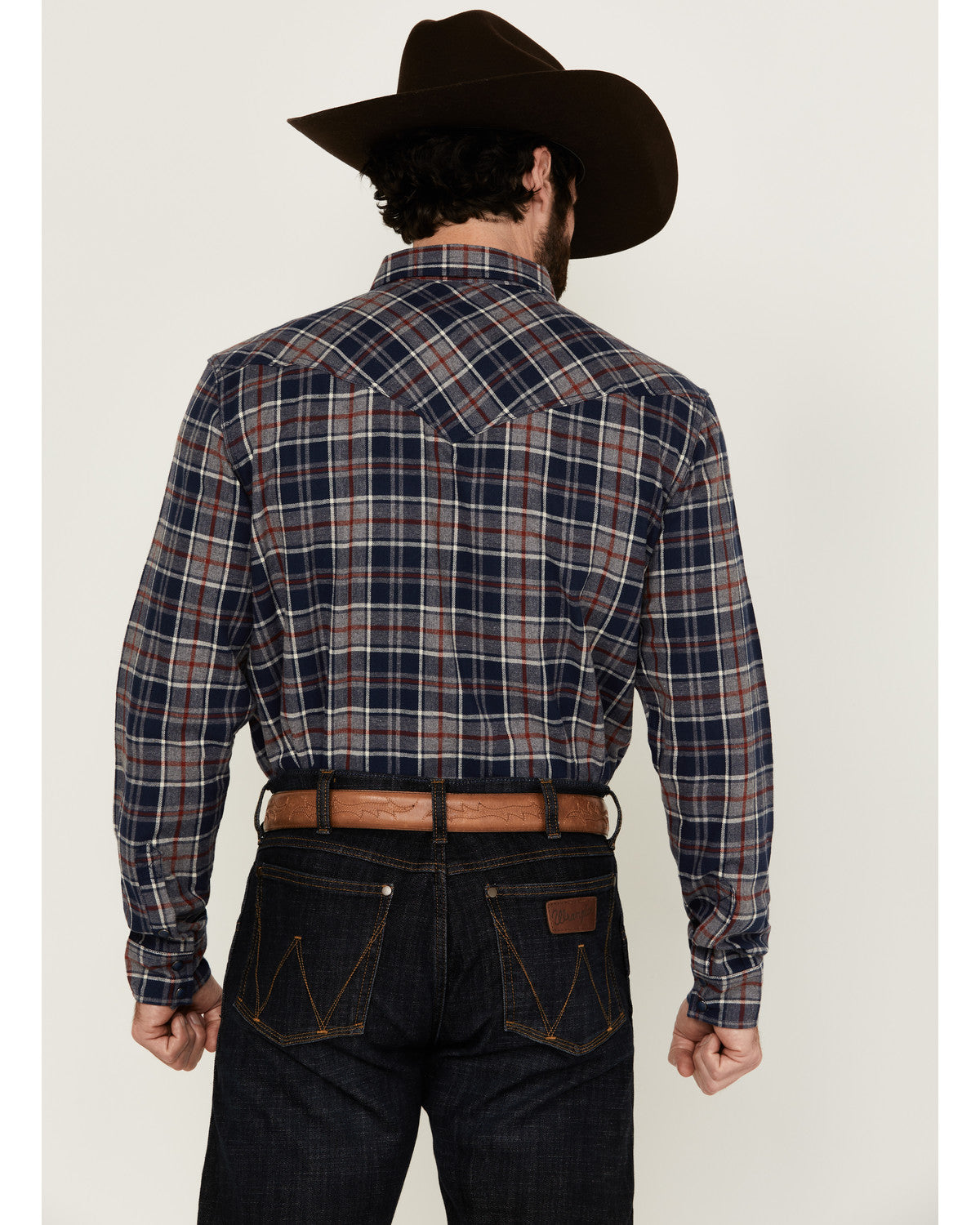 Men's Poker Plaid Print Long Sleeve Snap Western Shirt Navy