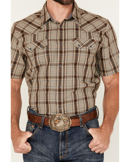 Men's Poncho Plaid Print Short Sleeve Snap Western Shirt Brown