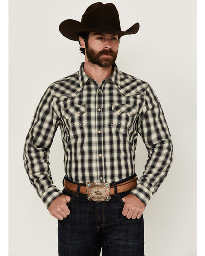 Men's Rey Plaid Print Long Sleeve Snap Western Shirt Cream