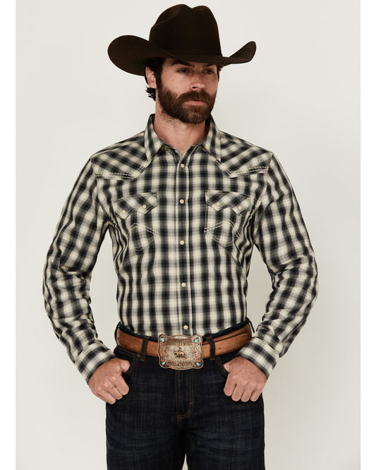 Men's Rey Plaid Print Long Sleeve Snap Western Shirt Cream