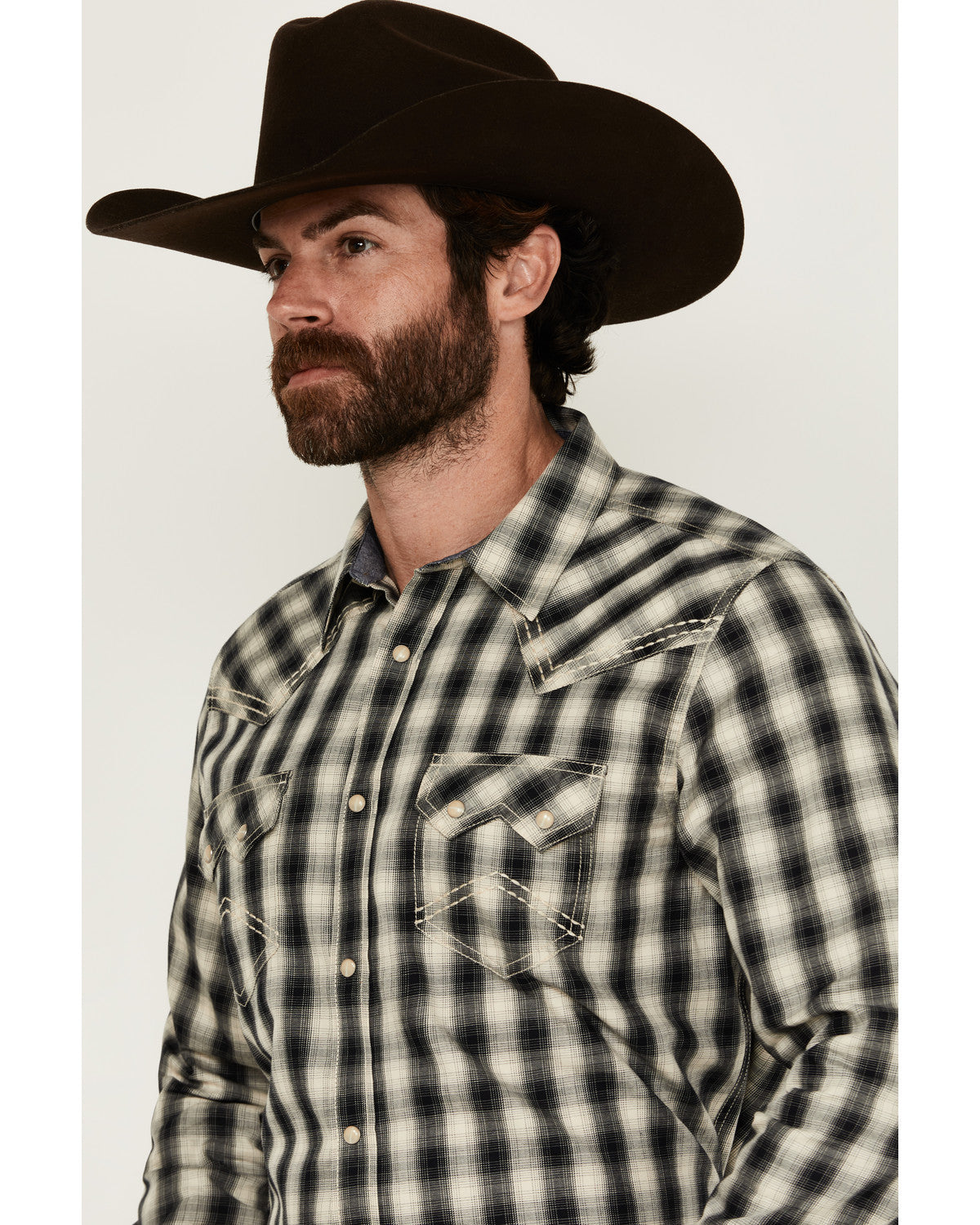 Men's Rey Plaid Print Long Sleeve Snap Western Shirt Cream
