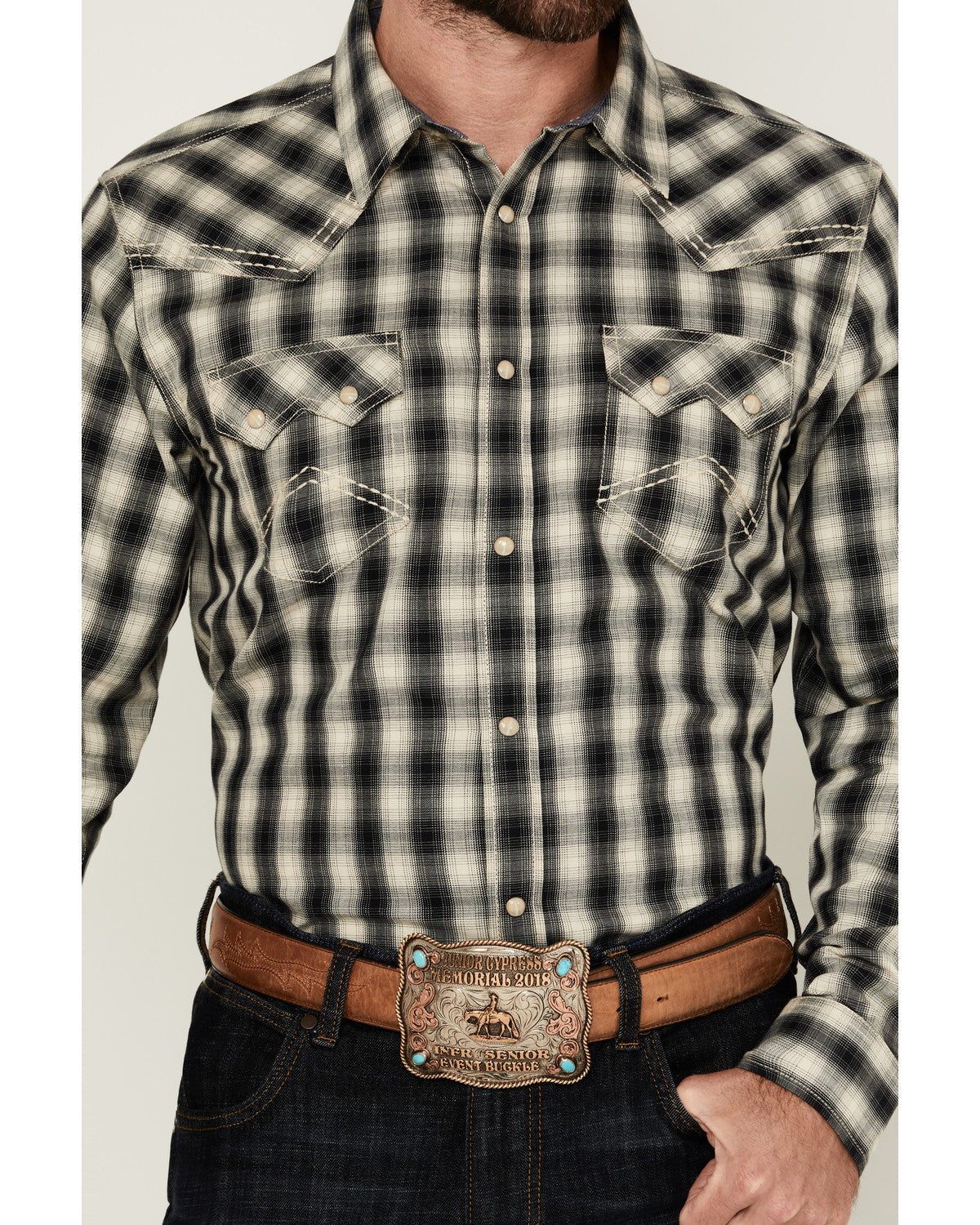 Men's Rey Plaid Print Long Sleeve Snap Western Shirt Cream