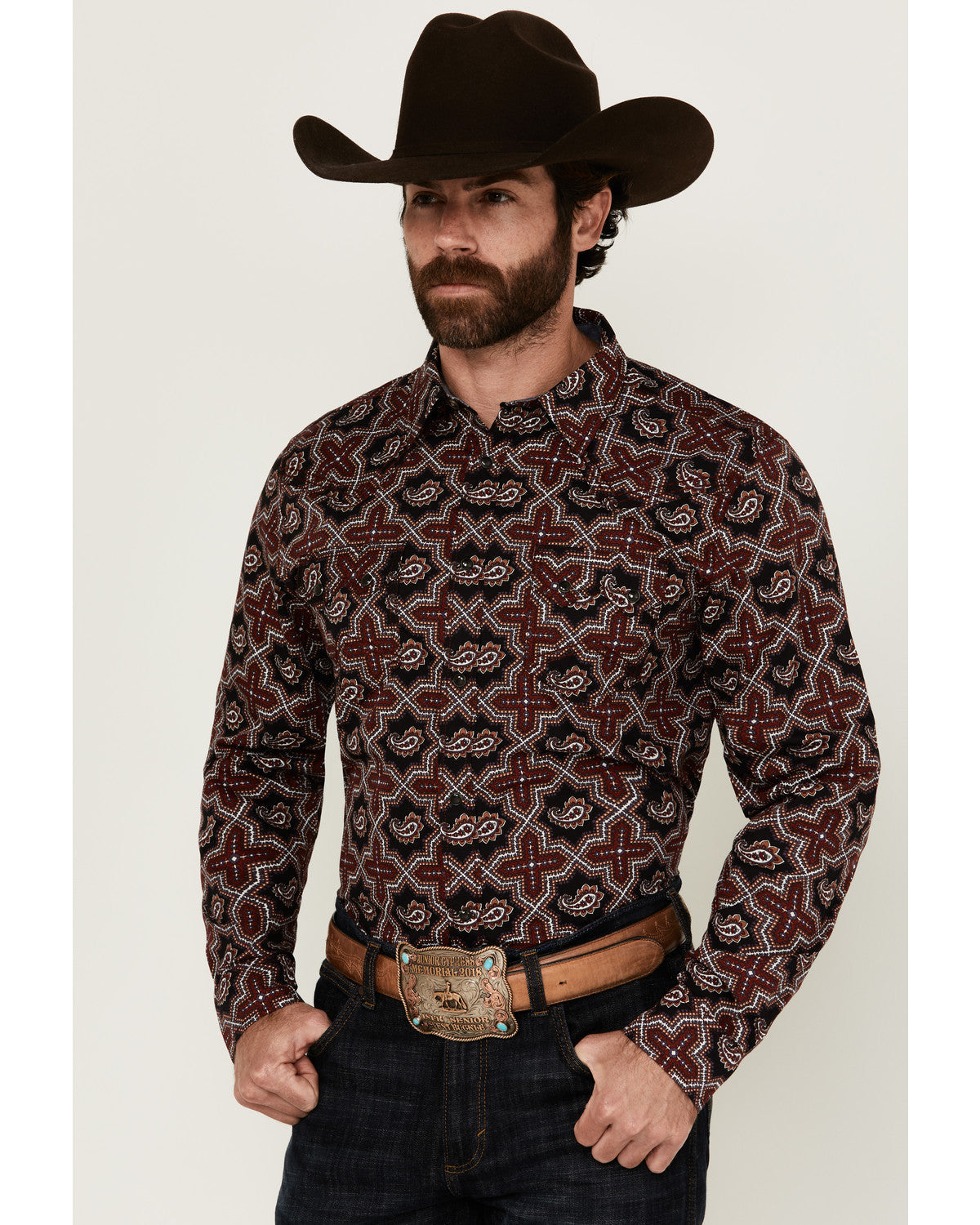 Men's Daybreak Geo Print Long Sleeve Snap Western Shirt Red