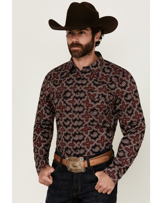 Men's Daybreak Geo Print Long Sleeve Snap Western Shirt Red