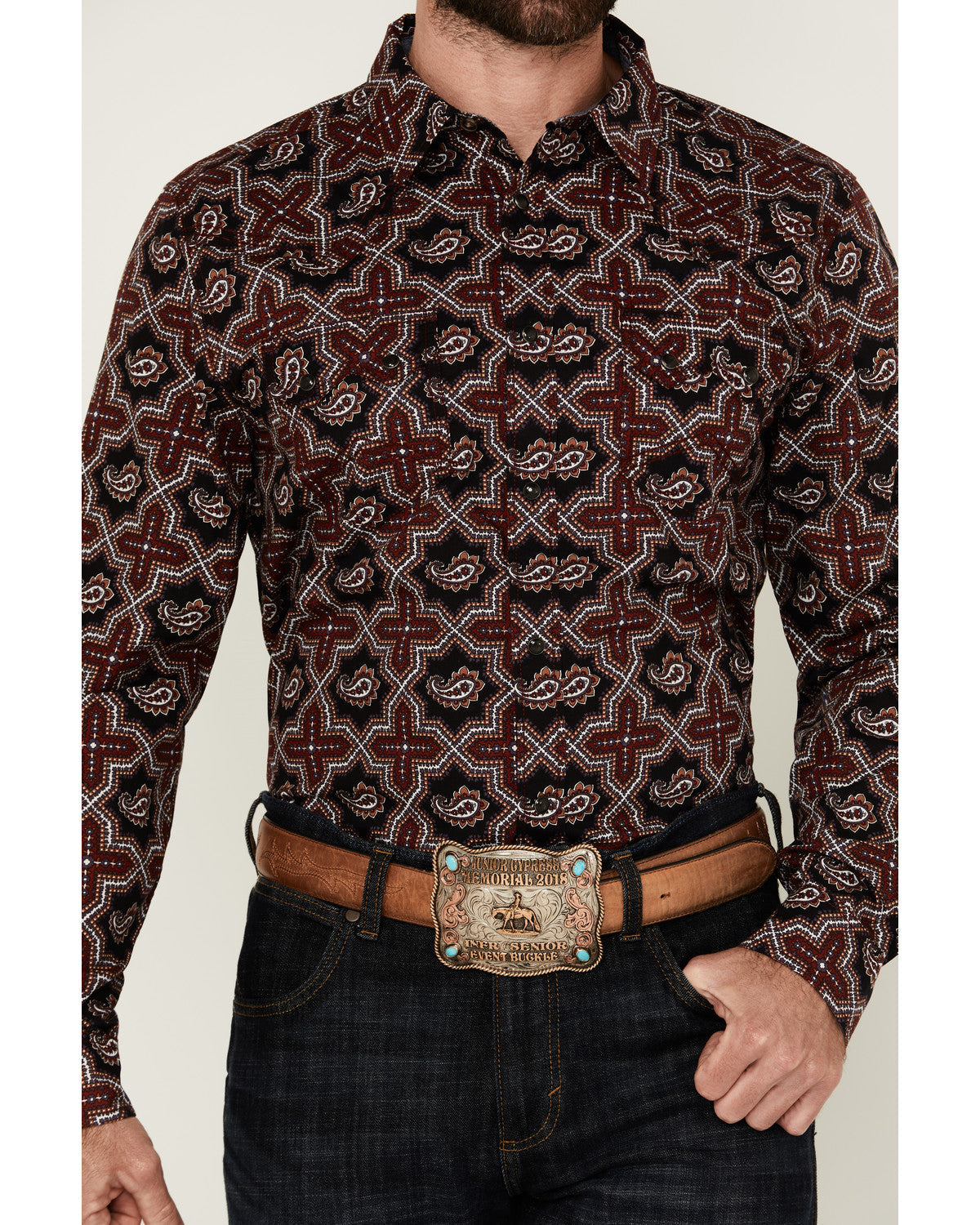 Men's Daybreak Geo Print Long Sleeve Snap Western Shirt Red