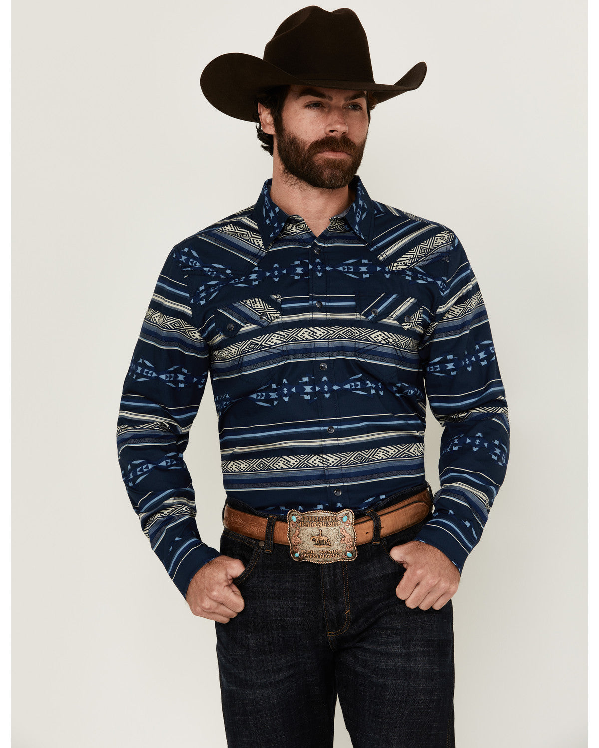 Men's Distance Southwestern Striped Long Sleeve Snap Wester Navy