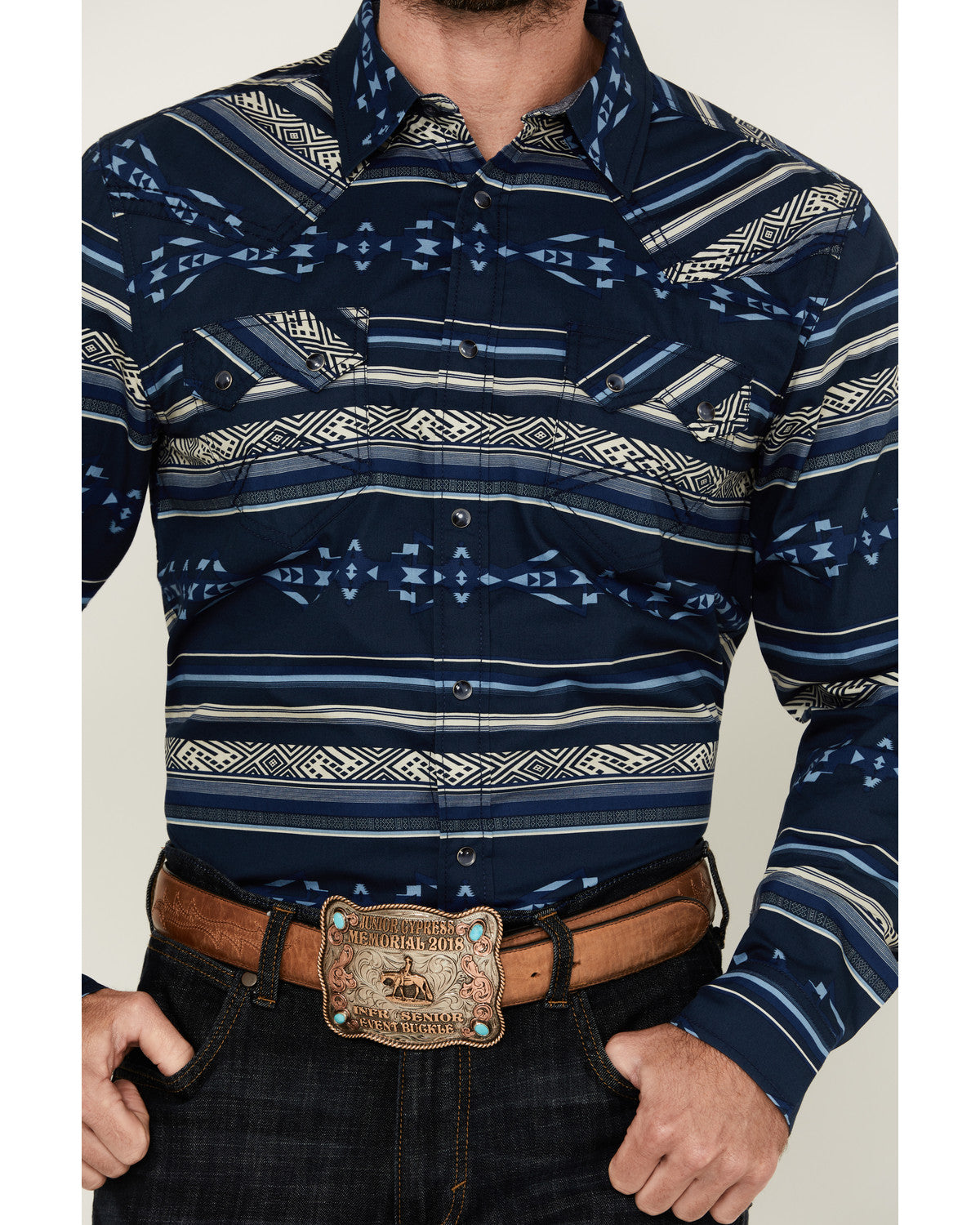 Men's Distance Southwestern Striped Long Sleeve Snap Wester Navy