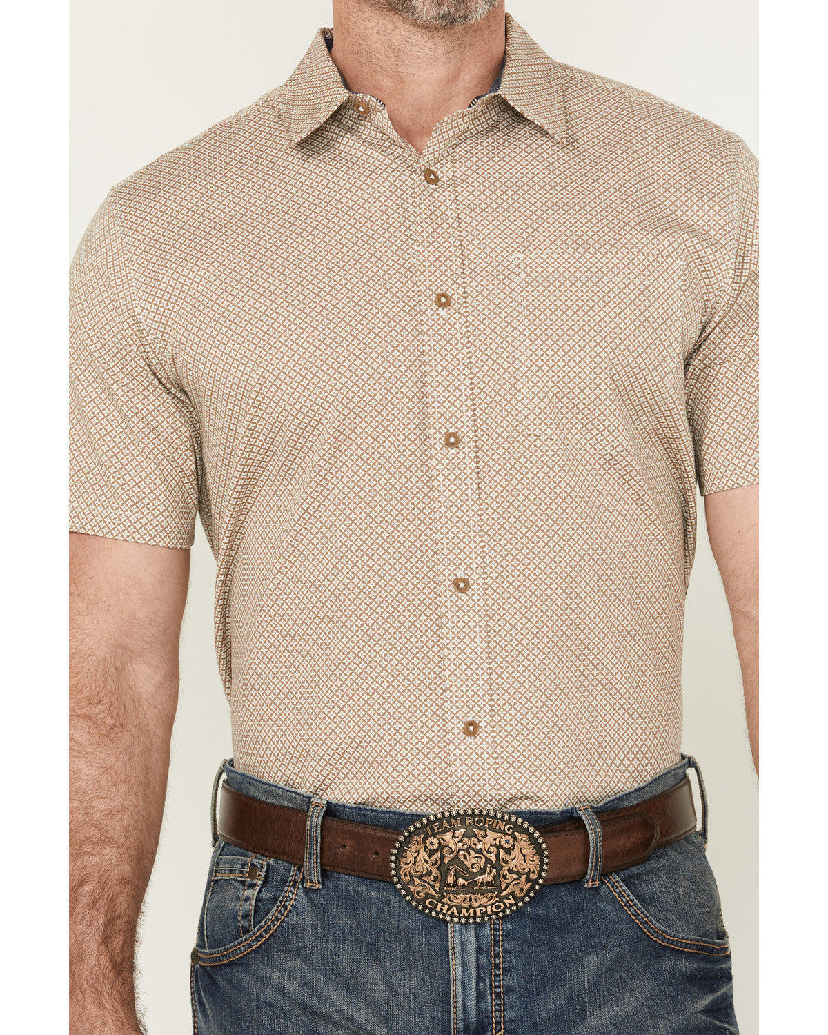 Men's Grill And Greet Geo Print Short Sleeve Button-Down St Tan
