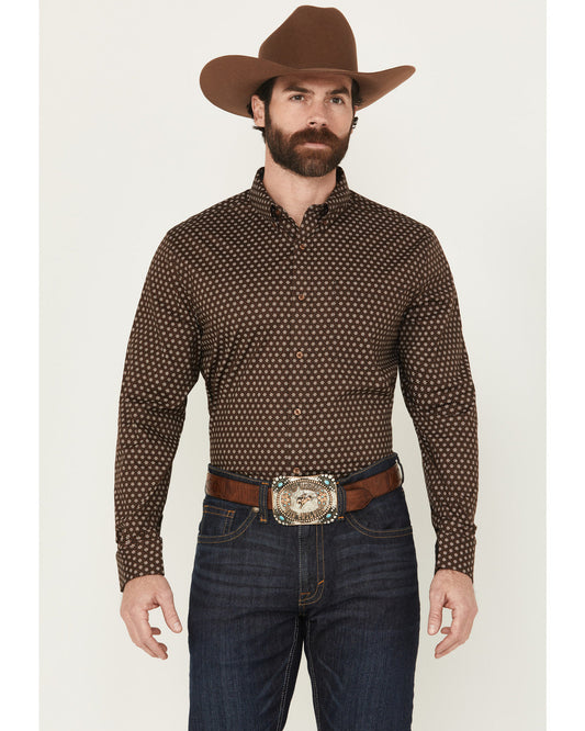 Men's Sebastian Geo Print Long Sleeve Button-Down Stretch W Dark Brown