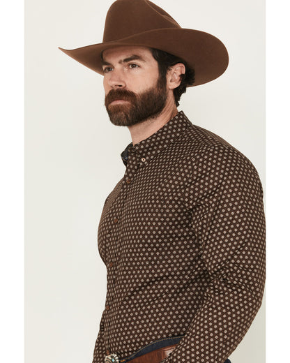 Men's Sebastian Geo Print Long Sleeve Button-Down Stretch W Dark Brown