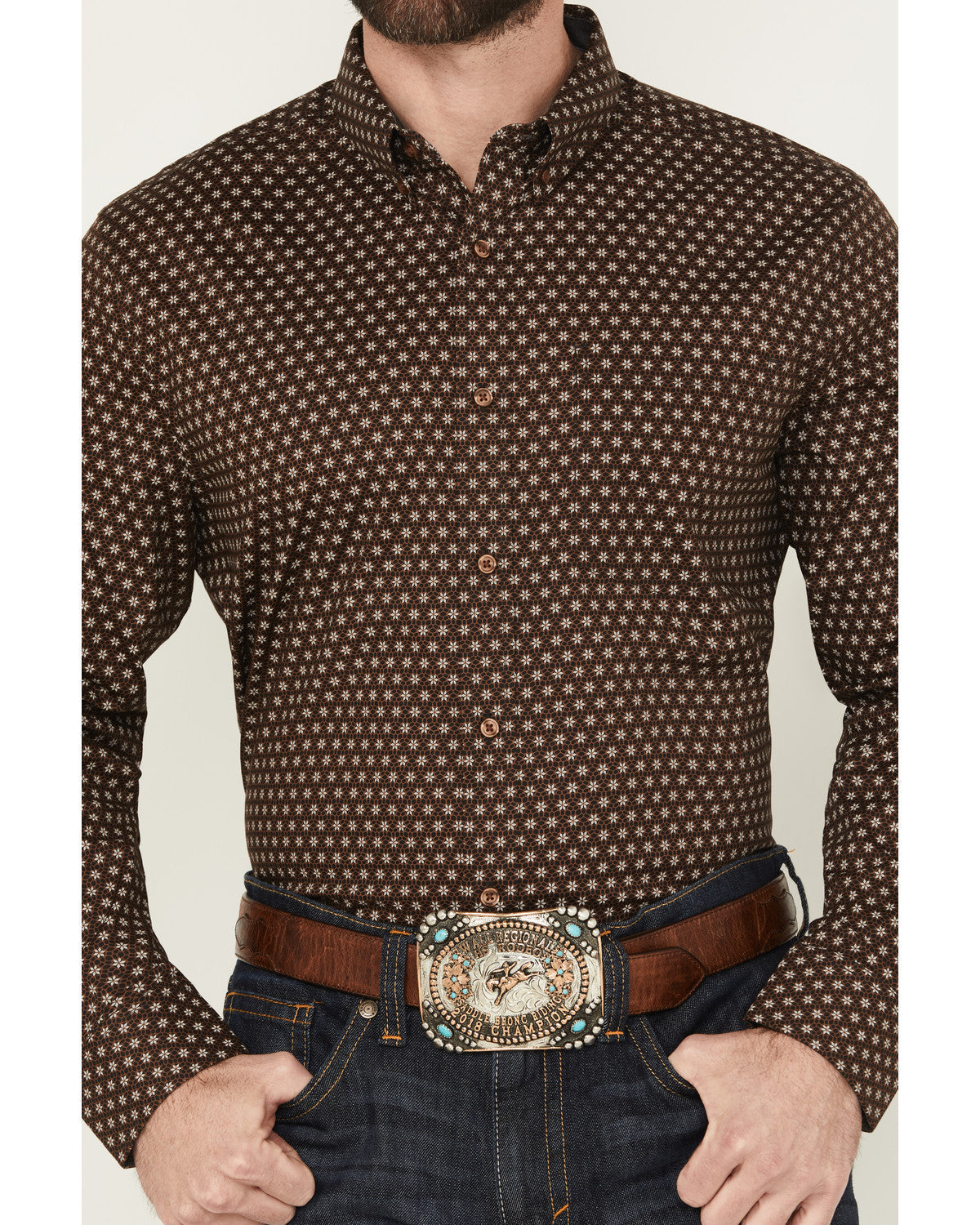 Men's Sebastian Geo Print Long Sleeve Button-Down Stretch W Dark Brown