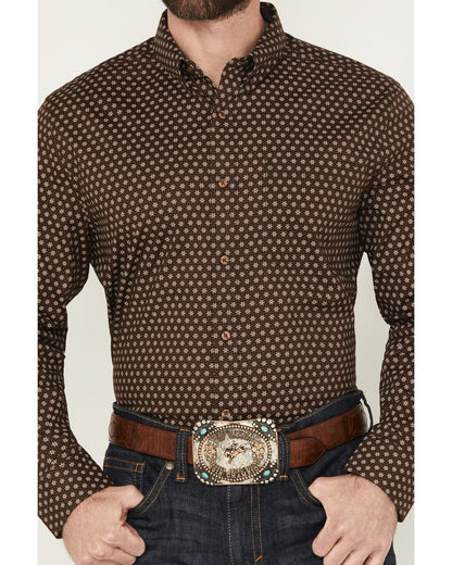Men's Sebastian Geo Print Long Sleeve Button-Down Stretch W Dark Brown
