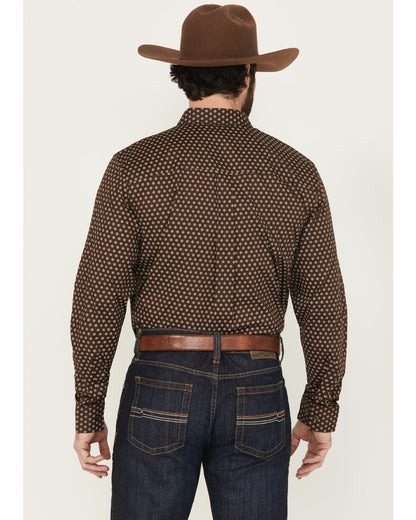 Men's Sebastian Geo Print Long Sleeve Button-Down Stretch W Dark Brown