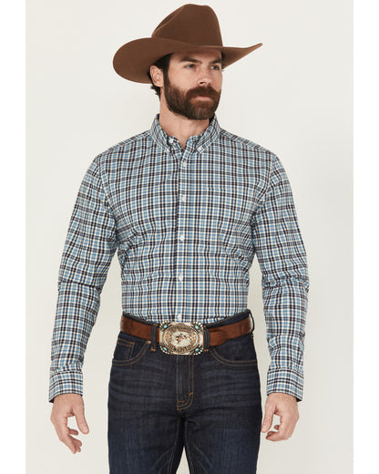 Men's Bob Plaid Print Long Sleeve Button-Down Western Shirt Blue