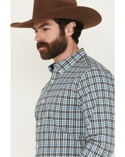 Men's Bob Plaid Print Long Sleeve Button-Down Western Shirt Blue