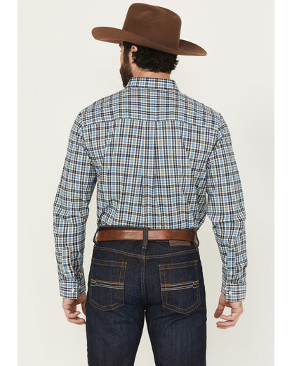 Men's Bob Plaid Print Long Sleeve Button-Down Western Shirt Blue