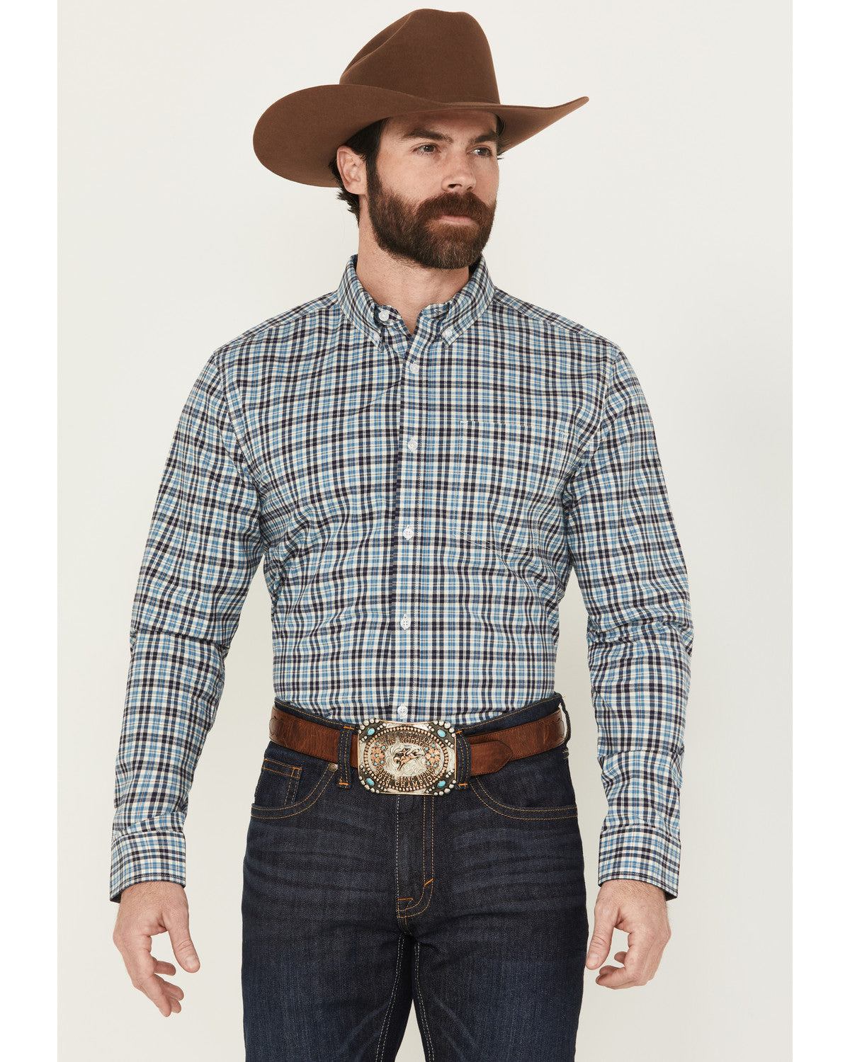 Men's Bob Plaid Print Long Sleeve Button-Down Western Shirt Blue