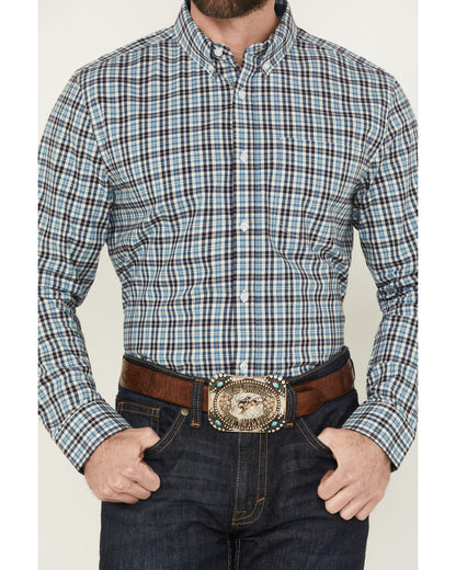 Men's Bob Plaid Print Long Sleeve Button-Down Western Shirt Blue