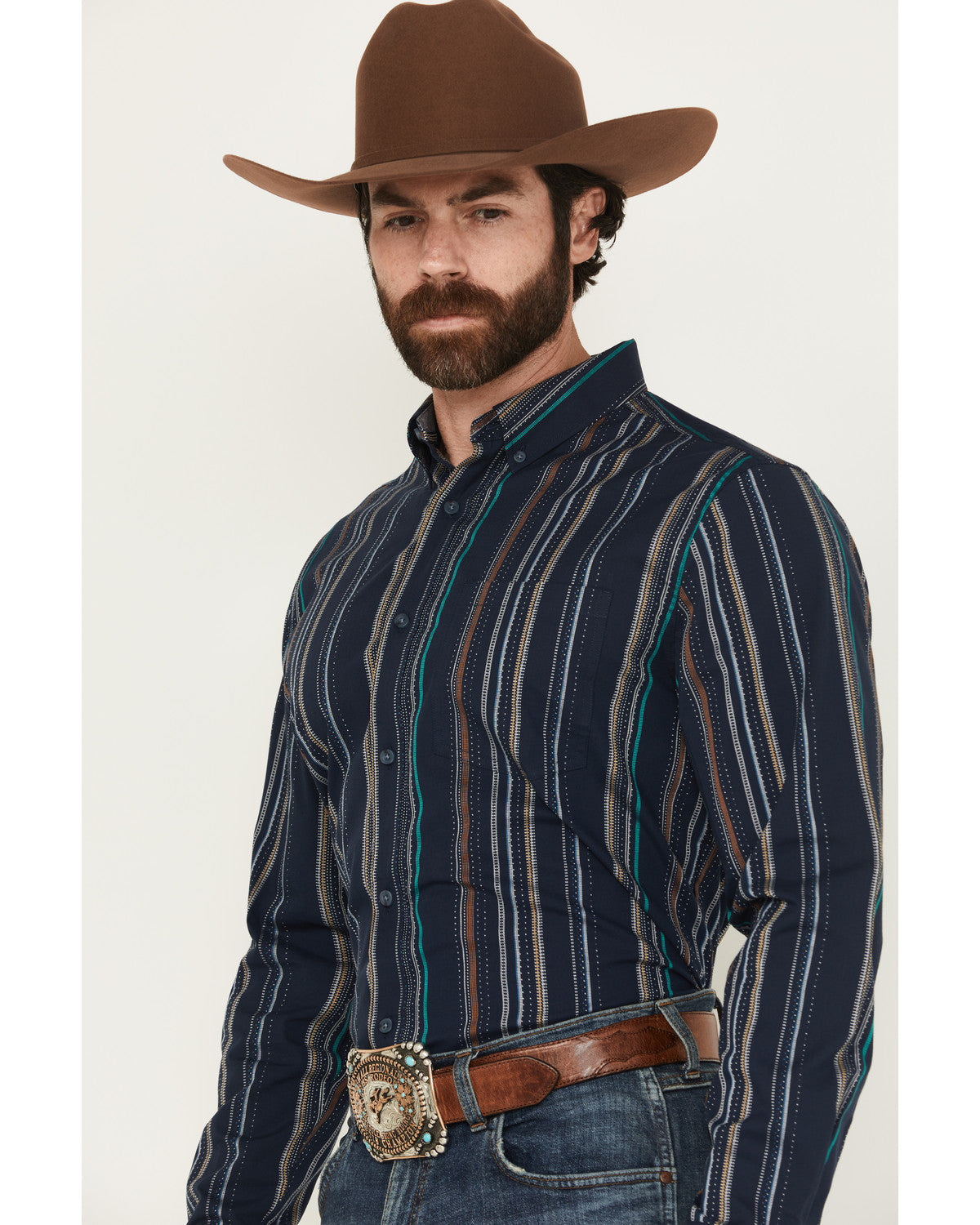 Men's Blake Striped Long Sleeve Button-Down Stretch Western Navy