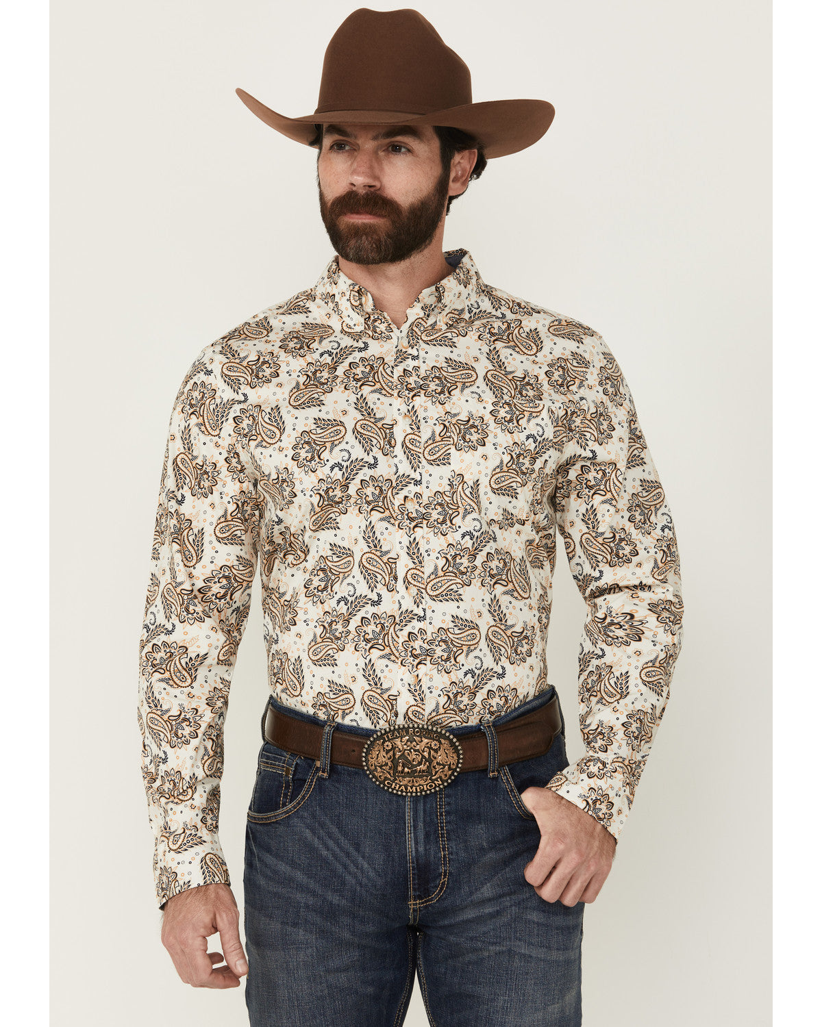 Men's Kendall Paisley Print Long Sleeve Button-Down Stretch Tan