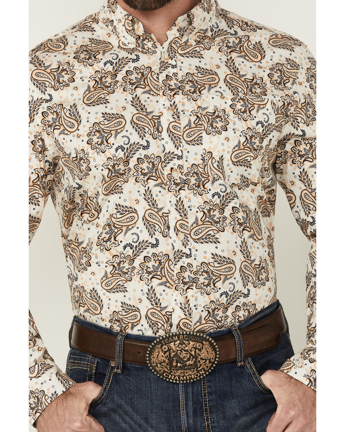 Men's Kendall Paisley Print Long Sleeve Button-Down Stretch Tan
