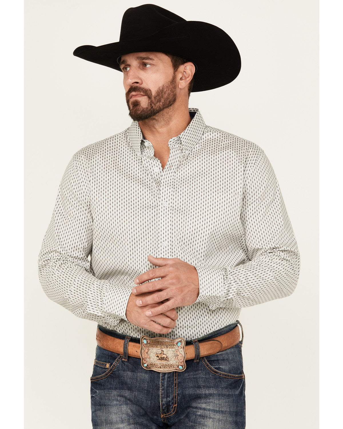 Men's Stirling Geo Print Long Sleeve Button-Down Stretch We White