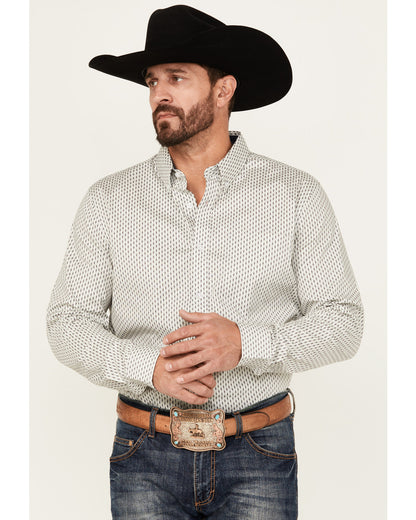 Men's Stirling Geo Print Long Sleeve Button-Down Stretch We White