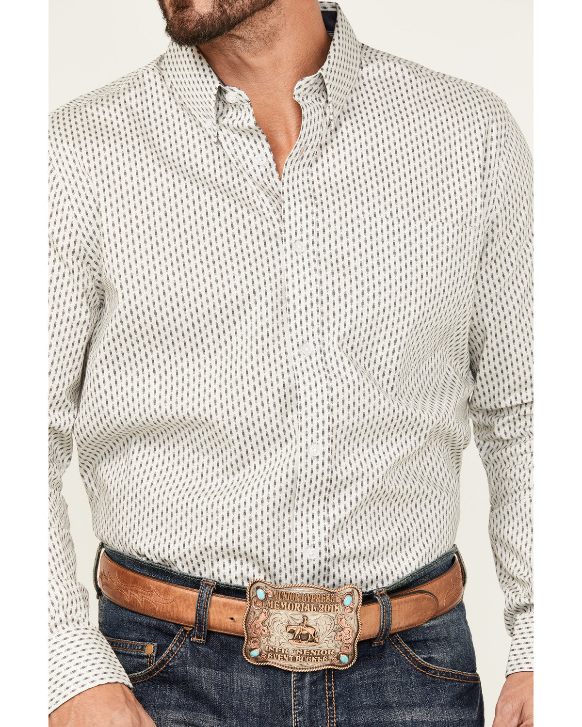 Men's Stirling Geo Print Long Sleeve Button-Down Stretch We White