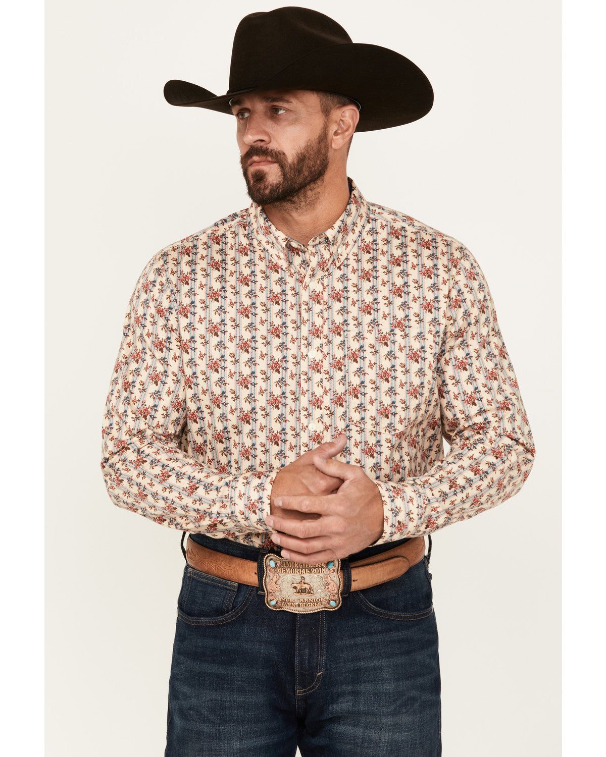 Men's Kenton Floral Striped Long Sleeve Button-Down Stretch Cream